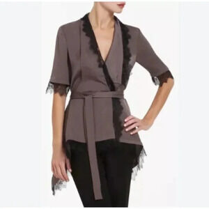 BCBG MaxAzria - ‘Eunice’ Satin Faux wrap top with lace - mulberry mist - XXS